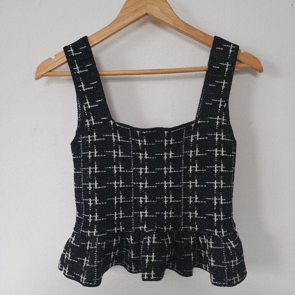 Zara Small Herringbone Formal Classic Peplum Tank Top Black White